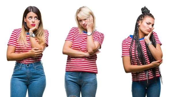 Collage Van Jonge Vrouwen Dragen Strepen Shirt Geïsoleerde Achtergrond Denken — Stockfoto