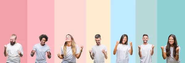 Collage Van Verschillende Etniciteit Jongeren Dragen Witte Shirt Kleurrijke Geïsoleerde — Stockfoto