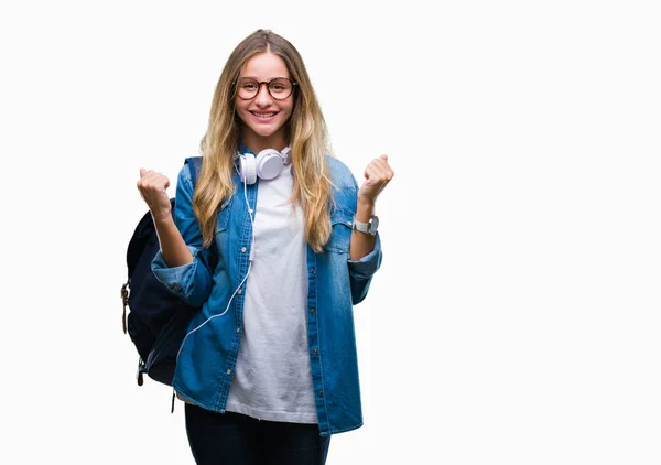 Joven Hermosa Estudiante Rubia Con Auriculares Gafas Sobre Fondo Aislado — Foto de Stock