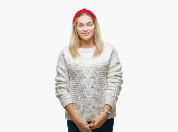 Giovane Donna Caucasica Indossa Maglione Invernale Sfondo Isolato Con Sorriso — Foto Stock