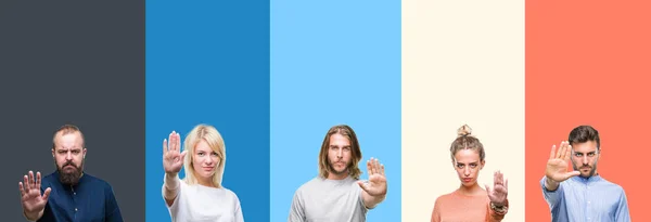 Collage Casual Ungdomar Över Färgglada Ränder Isolerade Bakgrund Gör Sluta — Stockfoto