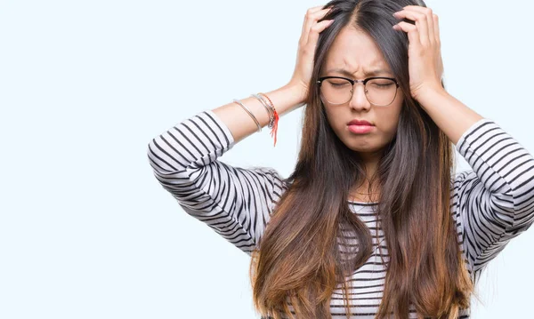 Umutsuz Stresli Baş Ağrısı Acı Genç Asyalı Kadın — Stok fotoğraf