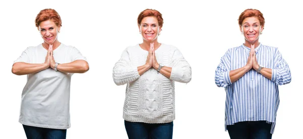 中年年配の女性両手一緒に自信を持って笑って許しを求めて祈って分離の白の背景の上のコラージュ — ストック写真