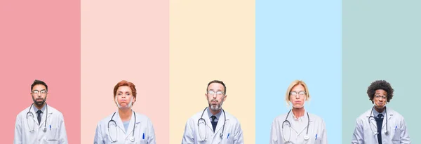 Kolaż Zawodowych Lekarzy Kolorowe Paski Białym Tle Sapiąc Policzki Śmieszną — Zdjęcie stockowe