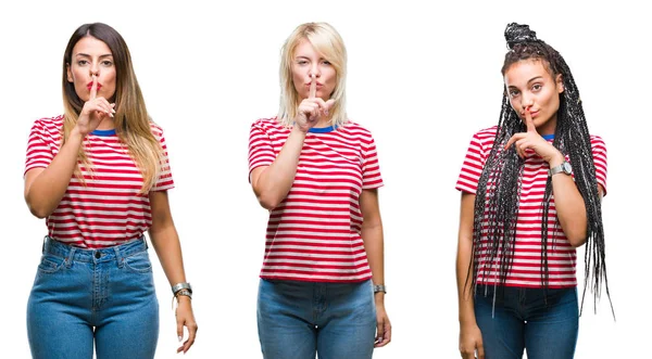 Collage Mujeres Jóvenes Que Usan Camisetas Rayas Sobre Fondo Aislado — Foto de Stock