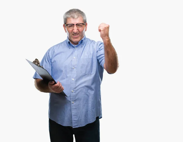 Bello Uomo Ispettore Anziano Tenendo Appunti Sfondo Isolato Infastidito Frustrato — Foto Stock