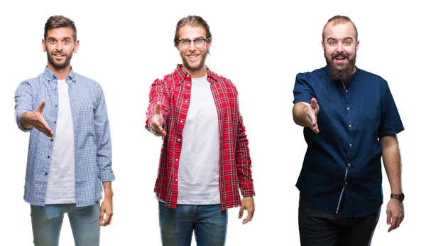 Collage Gruppo Giovani Sfondo Bianco Isolato Sorridente Amichevole Offrendo Stretta — Foto Stock