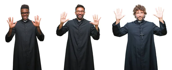 Collage Christian Priest Men Isolated Background Showing Pointing Fingers Number — Stock Photo, Image