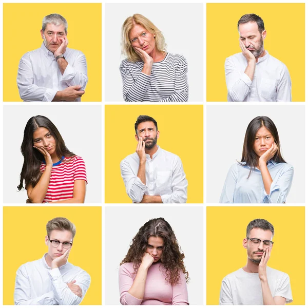 Collage Group Young Senior People Yellow Isolated Background Thinking Looking — Stock Photo, Image