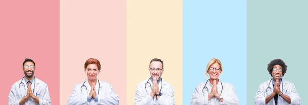 Collage Médicos Profesionales Sobre Rayas Colores Fondo Aislado Rezando Con — Foto de Stock