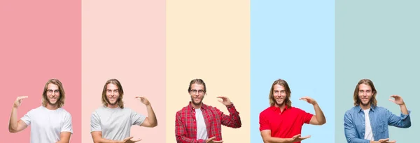 Collage Ung Stilig Man Över Färgglada Ränder Isolerade Bakgrund Gestikulerande — Stockfoto