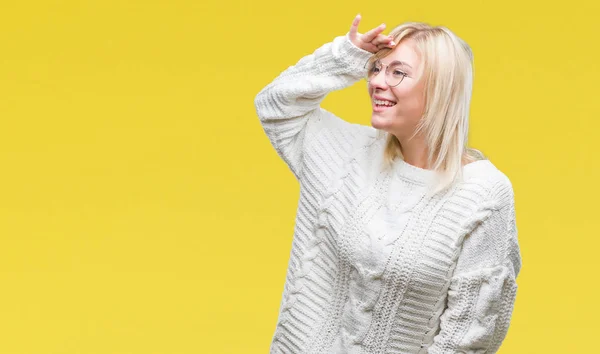 Joven Hermosa Mujer Rubia Con Suéter Invierno Gafas Sobre Fondo — Foto de Stock