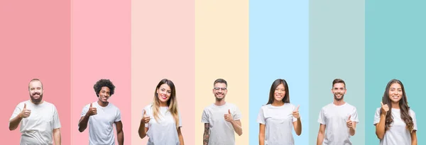 Collage Olika Etnisk Unga Människor Bär Vit Shirt Över Färgglada — Stockfoto