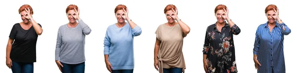 Collage Mujer Mayor Mediana Edad Sobre Fondo Blanco Aislado Haciendo — Foto de Stock