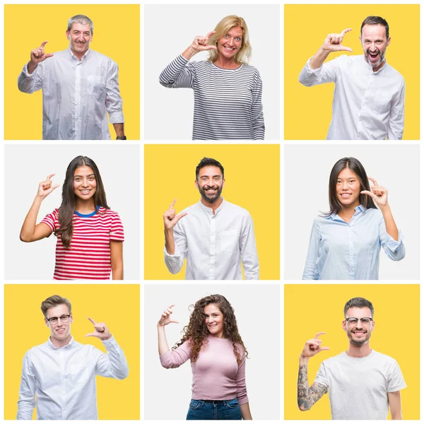 Collage Gruppo Giovani Anziani Sfondo Giallo Isolato Sorridente Fiducioso Gesticolando — Foto Stock