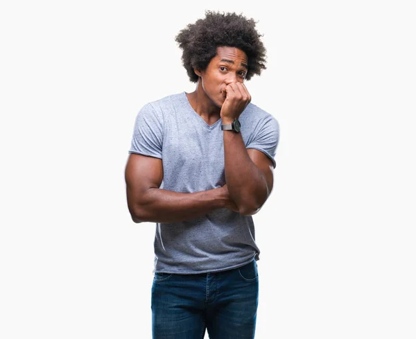 Homem Afro Americano Sobre Fundo Isolado Olhando Estressado Nervoso Com — Fotografia de Stock