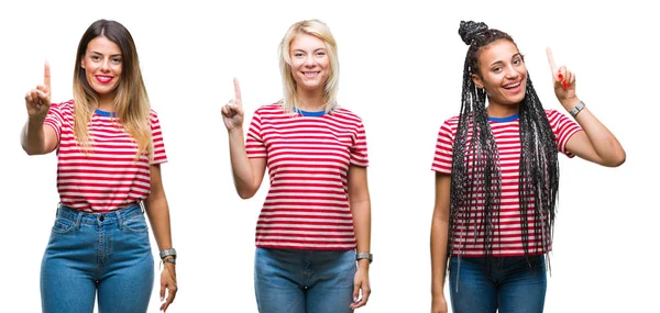 Colagem Mulheres Jovens Vestindo Listras Camiseta Sobre Fundo Isolado Mostrando — Fotografia de Stock