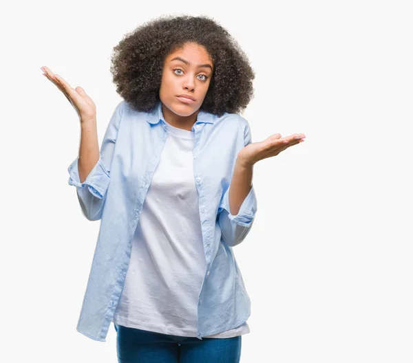 Young Afro American Woman Isolated Background Clueless Confused Expression Arms — Stock Photo, Image