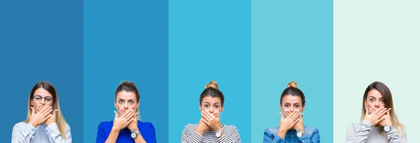 Collage Van Jonge Mooie Vrouw Blauwe Strepen Geïsoleerd Achtergrond Geschokt — Stockfoto
