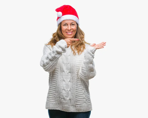 Middle Age Senior Hispanic Woman Wearing Christmas Hat Presenting Hand — Stock Photo, Image