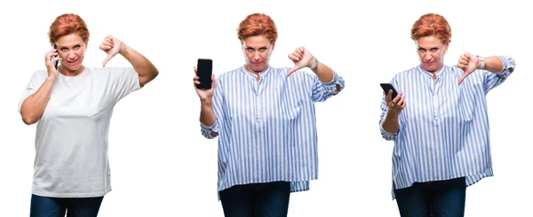 Kolaż Średnim Wieku Starszy Kobieta Przy Użyciu Smartfona Białym Tle — Zdjęcie stockowe