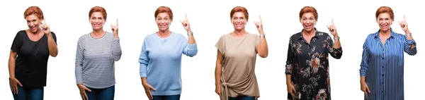 Collage Medelåldern Senior Kvinna Över Vita Isolerade Bakgrund Pekar Finger — Stockfoto