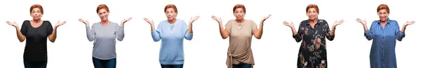 Collage Mezza Età Donna Anziana Sfondo Bianco Isolato Espressione Indiscreta — Foto Stock