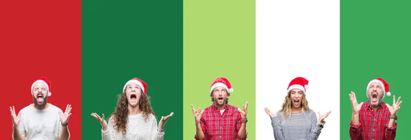 Collage Group People Wearing Christmas Hat White Green Isolated Background — Stock Photo, Image