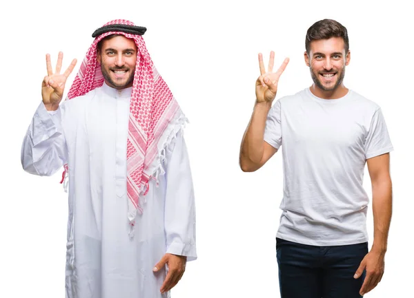 ハンサムな若い男と分離の背景表示と指で上向きにアラブ人のコラージュが自信を持って 幸せな笑みを浮かべている間ナンバースリーします — ストック写真