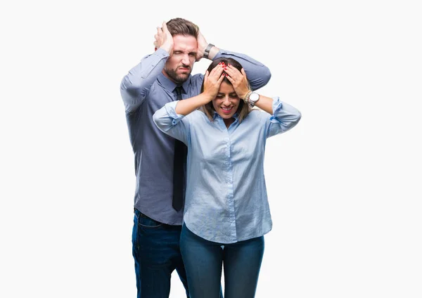 Jonge Werknemers Business Paar Geïsoleerde Achtergrond Lijden Hoofdpijn Wanhopig Benadrukt — Stockfoto