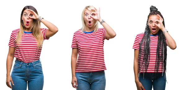 Collage Young Women Wearing Stripes Shirt Isolated Background Doing Gesture — Stock Photo, Image