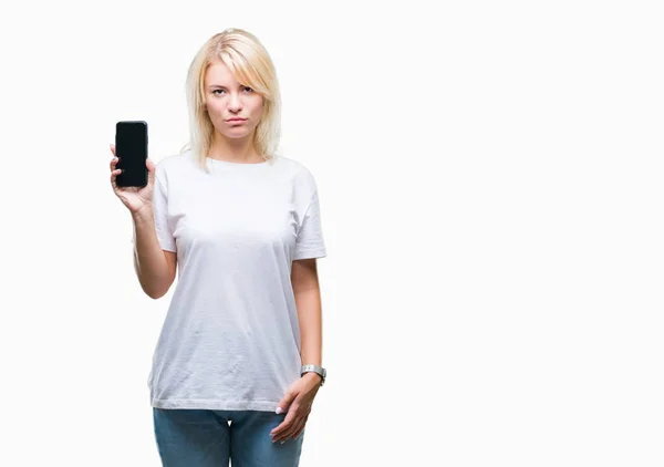 Young Beautiful Blonde Woman Showing Screen Smartphone Isolated Background Confident — Stock Photo, Image