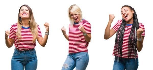 Collage Young Women Wearing Stripes Shirt Isolated Background Very Happy — Stock Photo, Image