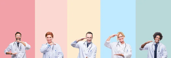 Collage Medici Professionisti Strisce Colorate Sfondo Isolato Gesticolando Con Mani — Foto Stock