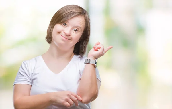Junge Erwachsene Frau Mit Syndrom Vor Isoliertem Hintergrund Mit Einem — Stockfoto