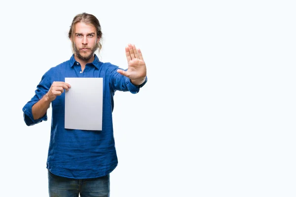 Young Handsome Man Long Hair Isolated Background Holding Blank Paper — Stock Photo, Image