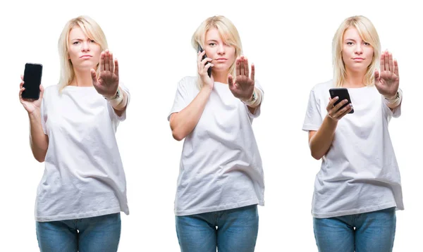 Kolaż Pięknej Kobiety Blondynka Przy Użyciu Smartfona Białym Tle Otwartej — Zdjęcie stockowe
