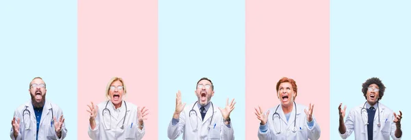 集体专业医生穿着医疗制服在孤立的背景疯狂和疯狂的喊话和大喊大叫与侵略性的表情和手臂提高拼贴 挫折的概念 — 图库照片