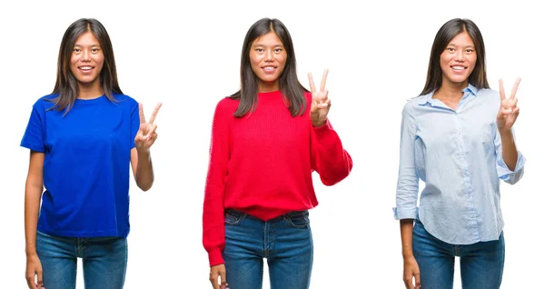 Collage Asian Young Woman Standing White Isolated Background Showing Pointing — Stock Photo, Image