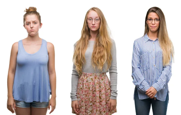 Koláž Skupiny Blond Ženy Nad Izolované Pozadí Depresi Trápit Trápit — Stock fotografie