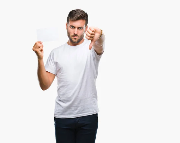Young Handsome Man Holding Blank Card Isolated Background Angry Face — Stock Photo, Image