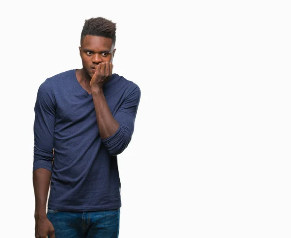 Jonge Afro Amerikaanse Man Geïsoleerde Achtergrond Zoek Gestresst Nerveus Met — Stockfoto