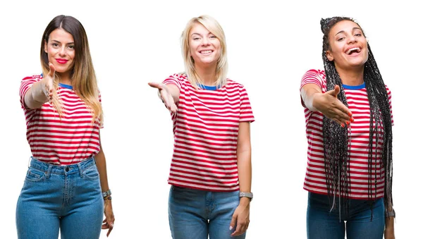 Collage Young Women Wearing Stripes Shirt Isolated Background Smiling Friendly — Stock Photo, Image