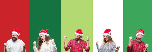 Collage Group People Wearing Christmas Hat White Green Isolated Background — Stock Photo, Image