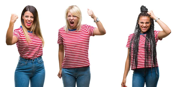 Collage Young Women Wearing Stripes Shirt Isolated Background Angry Mad — Stock Photo, Image