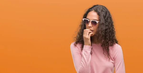 Beautiful Young Hispanic Woman Wearing Sunglasses Looking Stressed Nervous Hands — Stock Photo, Image