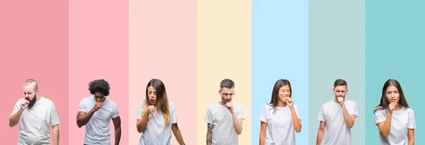 Colagem Diferentes Etnias Jovens Vestindo Camiseta Branca Sobre Fundo Colorido — Fotografia de Stock