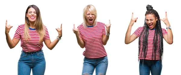 Collage Young Women Wearing Stripes Shirt Isolated Background Shouting Crazy — Stock Photo, Image