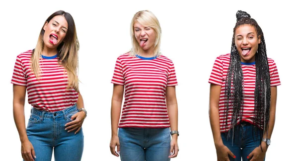 Kolaż Młodych Kobiet Noszenie Paski Shirt Białym Tle Trzymanie Języka — Zdjęcie stockowe