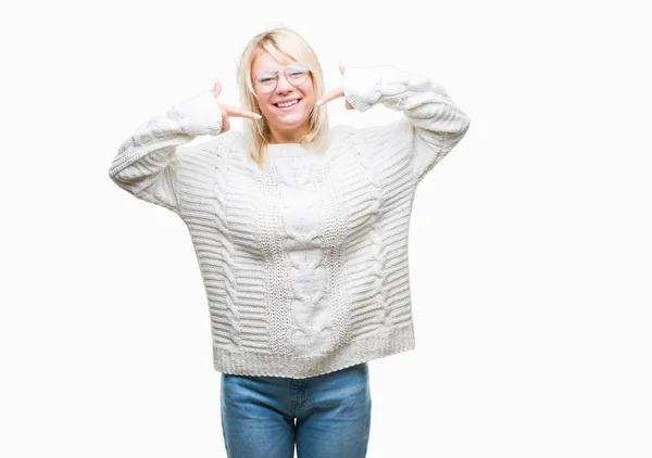 Young Beautiful Blonde Woman Wearing Winter Sweater Glasses Isolated Background — Stock Photo, Image
